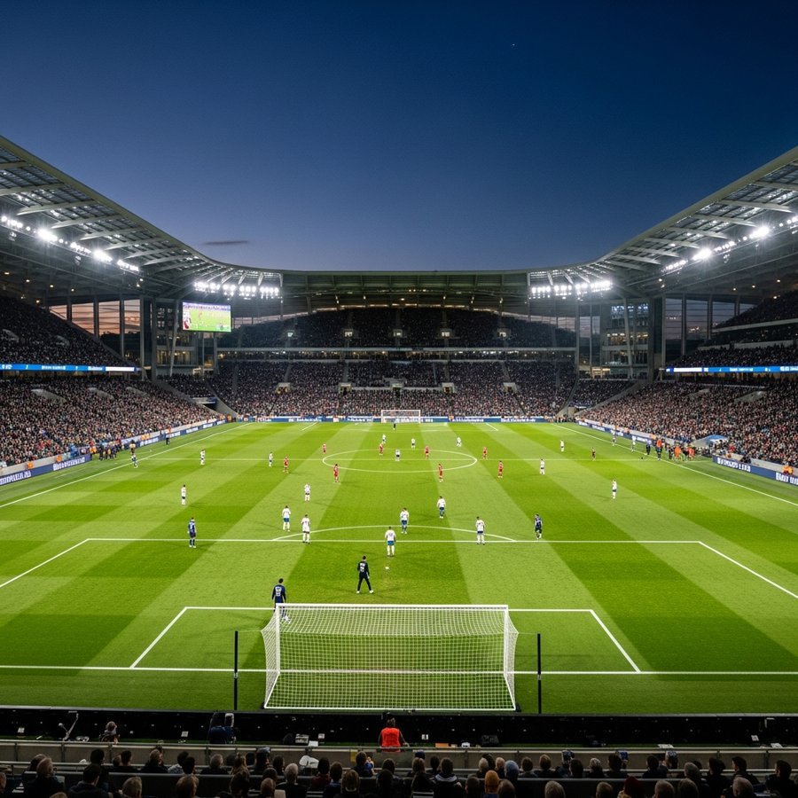 대형 축구 경기장 야경과 조명 아래 경기장 전경