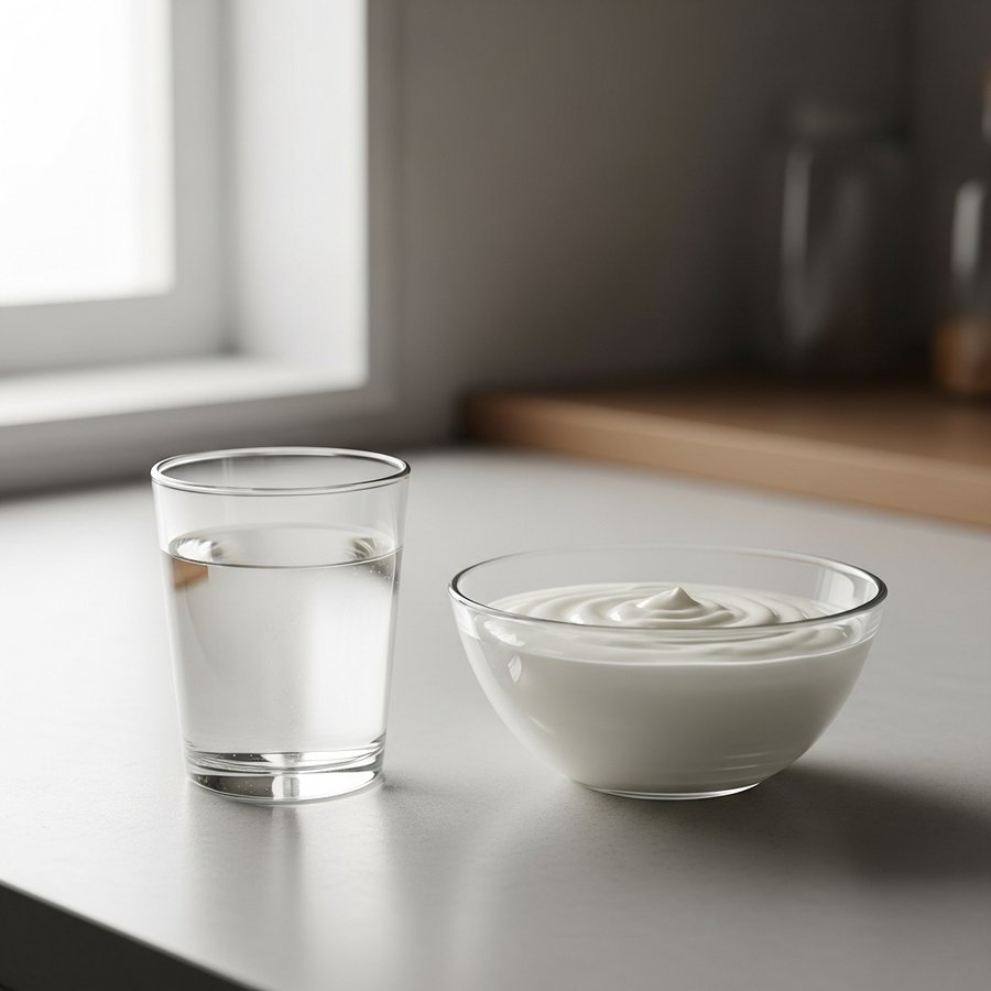 아침에 마시는 물과 함께 준비된 건강한 식단과 유산균 섭취 분위기