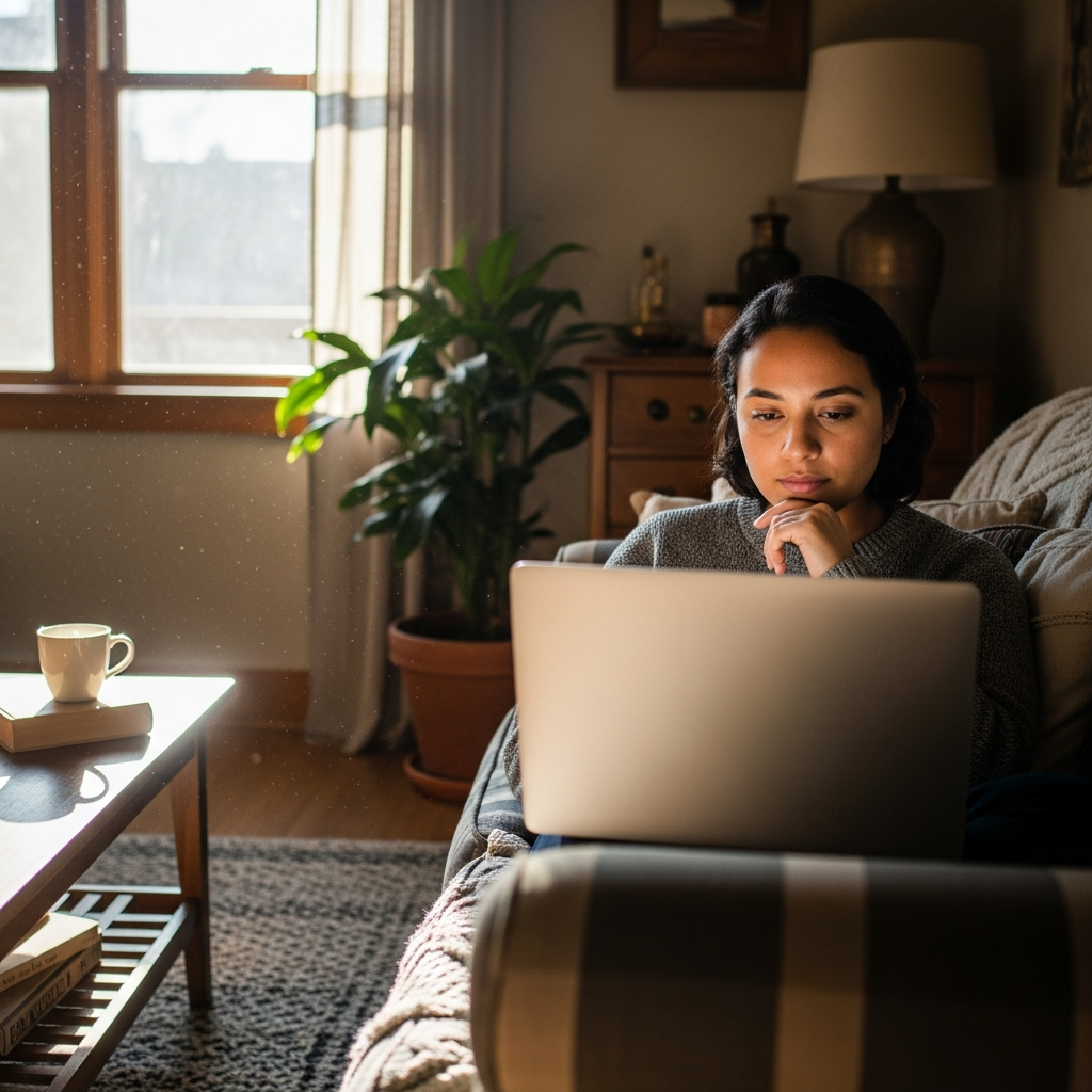 편안한 공간에서 노트북 화면을 보며 자산 관리를 계획하는 모습